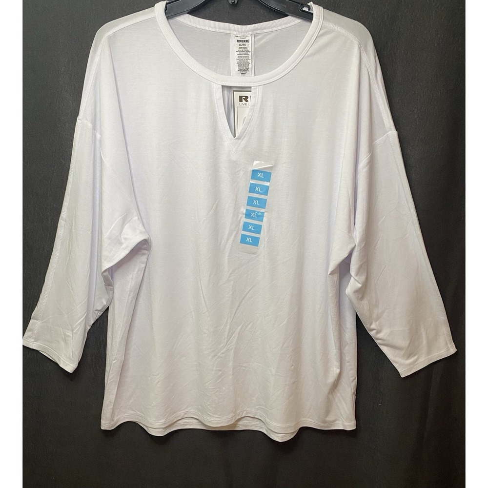 RbX Womens White boat neck shirt, 3/4 sleeves, front V-neck, inverted CB pleats